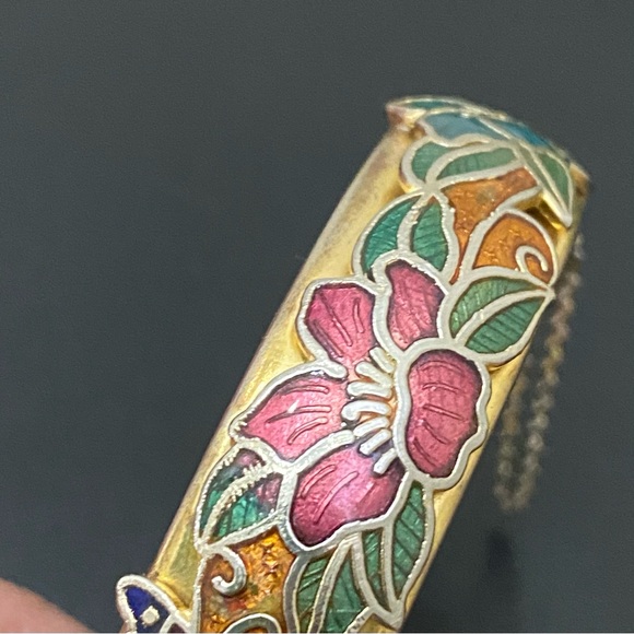 Vintage Unsigned Gold-tone Floral Flower Cloisonne Hinged Bangle Bracelet 36.2g - Picture 12 of 16